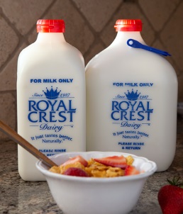 Royal Crest milk jugs of various size on a table.